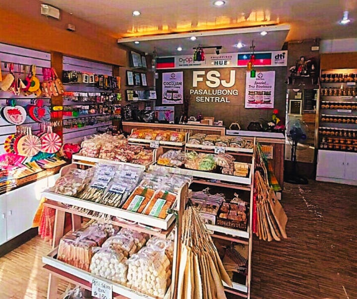 Top left: A Pasalubong store selling specialty products from Bicol; Top right: Various pasalubong items in a Filipino store; Bottom left: Oleh-oleh store in Bali; Bottom right: Oleh-oleh specialty products from Makassar