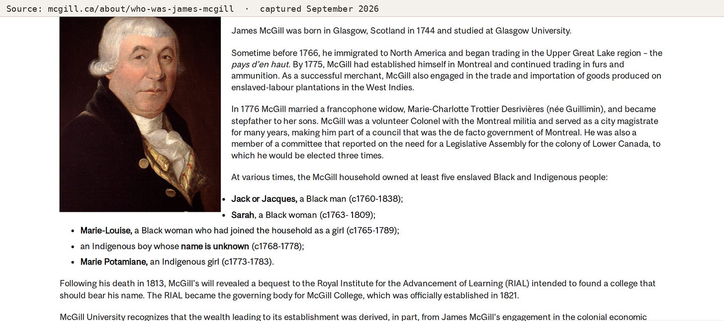 McGill University page acknowledging James McGill's household enslaved five Black and Indigenous people, naming Jack or Jacques, Sarah, Marie-Louise, an unnamed Indigenous boy and Marie Potamiane