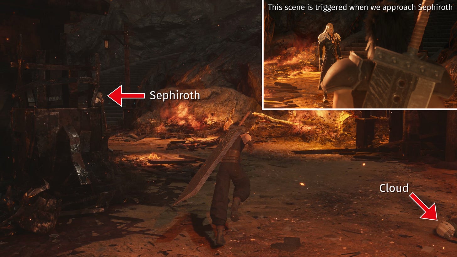 Zack approaches Sephiroth before the latter walks away through the flames.