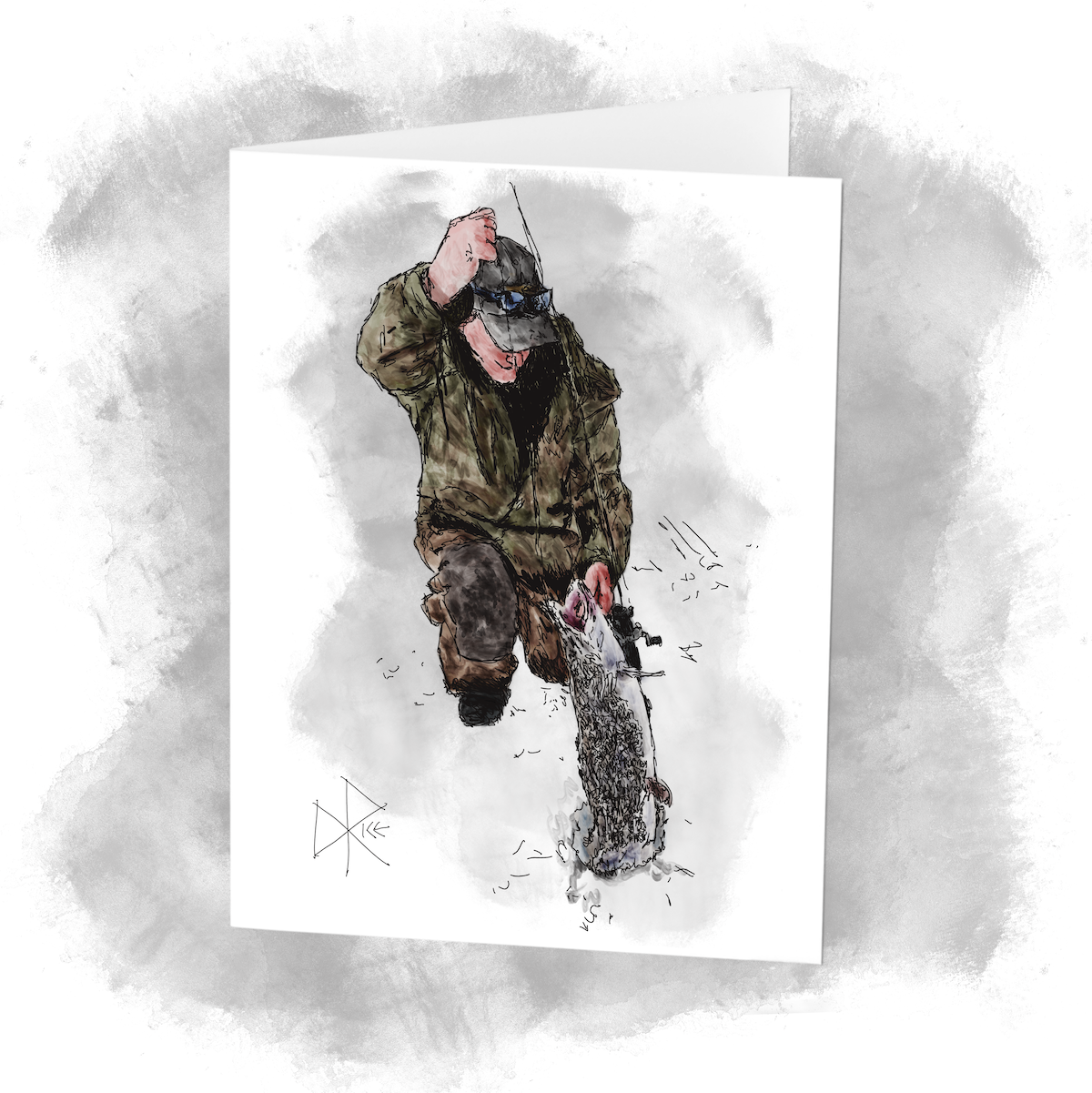 With his fishing rod resting against his shoulder, after much back and forth on the line, a fisherman gets himself down on one knee to lift a large Northern Pike (a.k.a. Jackfish) out of the hole in the ice. After removing the hook and snapping a photo record of the Jack, it was released back into the lake. Sketch art by Don Rice.