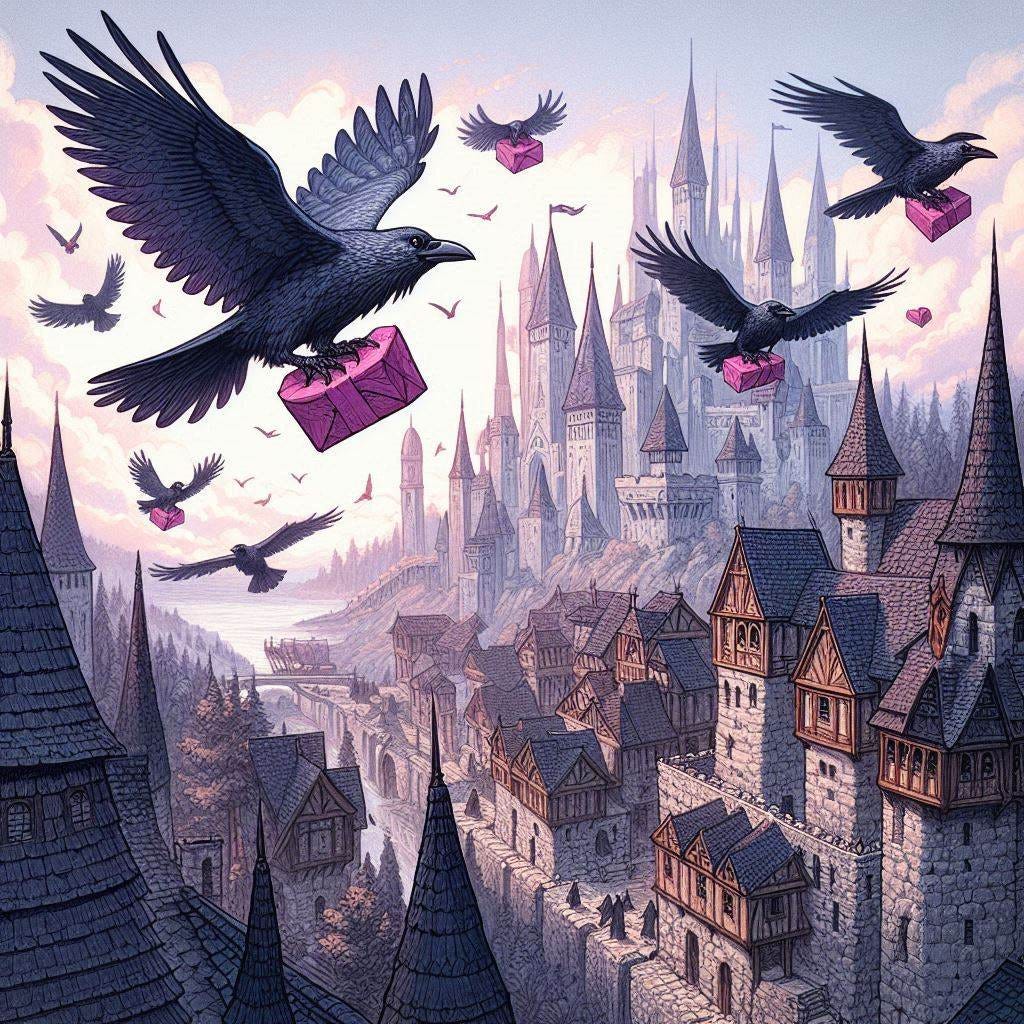 ravens flying through a medieval city carrying pink heart letters, dungeons and dragons fantasy drawing