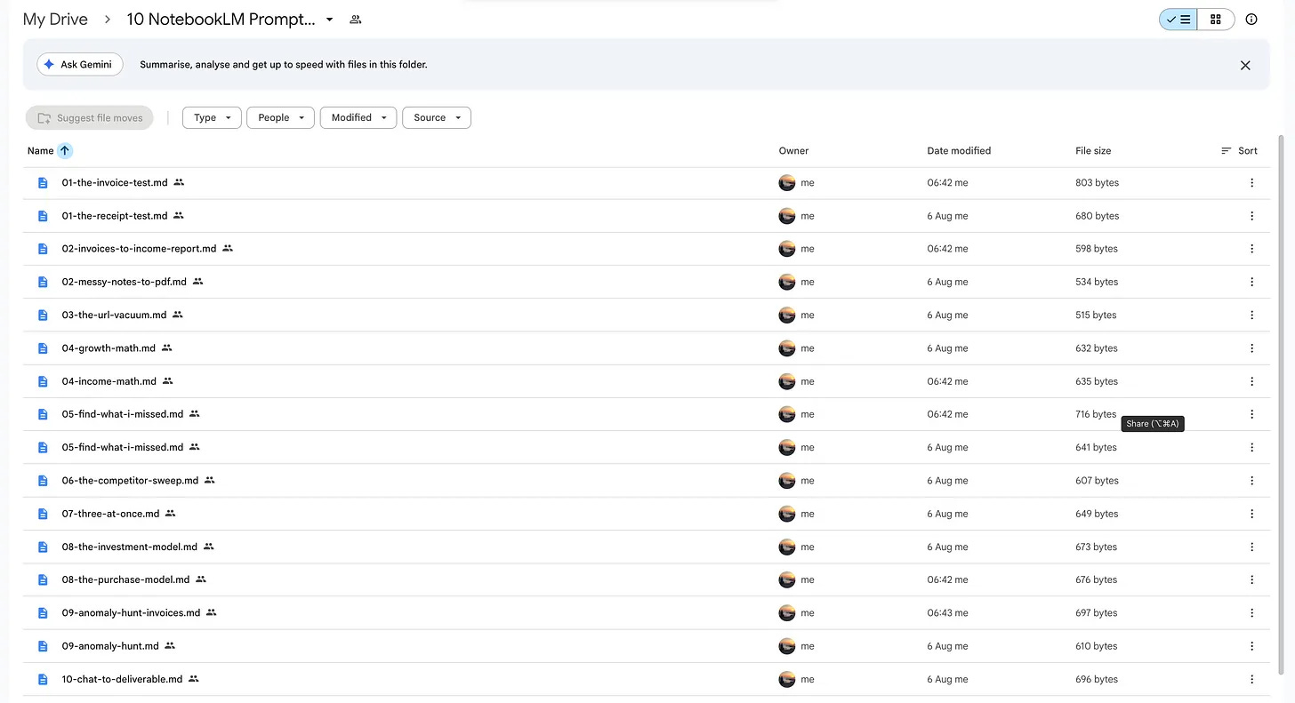 Google Drive folder listing ten numbered NotebookLM prompt files from invoice test to chat to deliverable Google Drive folder listing ten numbered NotebookLM prompt files from invoice test to chat to deliverable