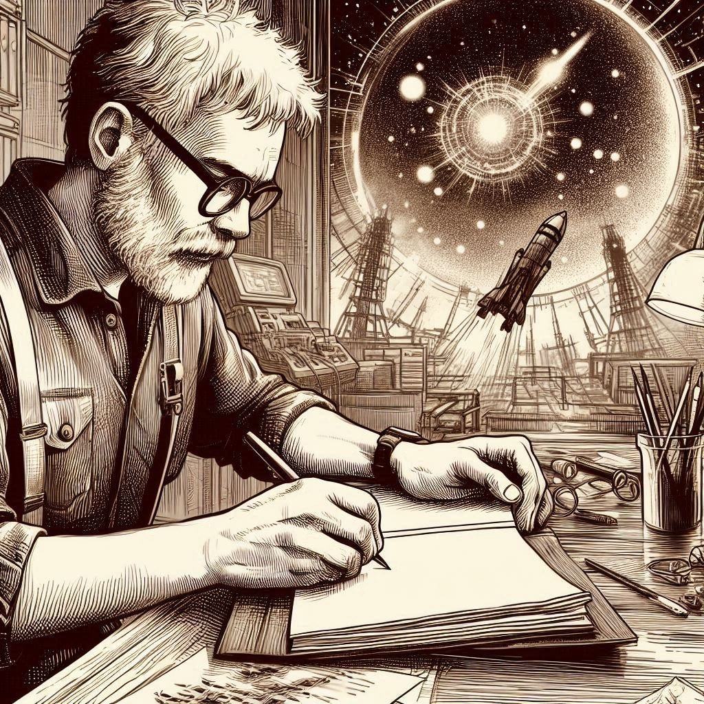 A white-haired and -bearded writer works at a desk, writing by hand in what seems to be a notebook or journal. In the background seems to be a wall-sized window or viewing screen across which soars a rocketship (apparently launched from a spaceport of some kind) and astronomical objects -- planets, stars, galaxies...
