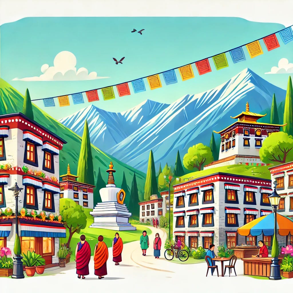 A cartoon-style illustration of Dharamshala, India, showing a vibrant mountain landscape with lush greenery, colorful Tibetan prayer flags fluttering in the breeze, traditional Tibetan architecture, Buddhist monks walking, and a peaceful monastery in the background. The foreground includes a few quaint cafes and shops, with the Himalayan mountains towering in the distance. The sky is clear and blue, adding a cheerful and serene vibe.
