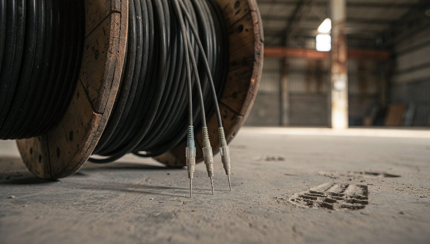 Cinematic macro photograph of a large spool of fiber optic cable resting on a warm grey concrete floor in an empty industrial warehouse. Several loose fiber ends hang from the spool, their connectors covered with plastic caps, plugged into no equipment and with no light on. A thin layer of dust covers the cable and the floor. Neutral, diffuse daylight from a tall window out of frame, soft shadows, muted grey and ochre tones. Shallow depth of field, with the fiber ends sharp in the foreground and the warehouse background softly blurred. Financial editorial aesthetic, realistic, horizontal composition.