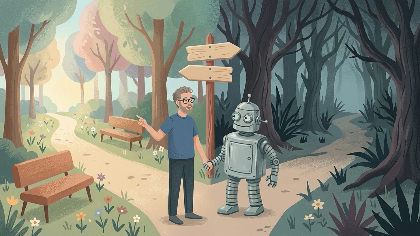 Illustration: a man and a robot at a forking path — a bright spring forest on one side, a dark forest on the other Illustration: a man and a robot at a forking path — a bright spring forest on one side, a dark forest on the other