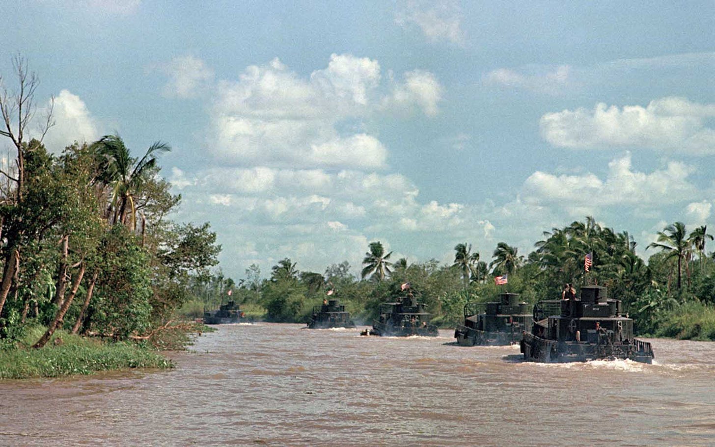 March 15, 1968: U.S. 9th Infantry Division's Mobile Riverine Force assault boats patrol the My Tho River in the Mekong Delta, southwest of Saigon. March 15, 1968: U.S. 9th Infantry Division's Mobile Riverine Force assault boats patrol the My Tho River in the Mekong Delta, southwest of Saigon.