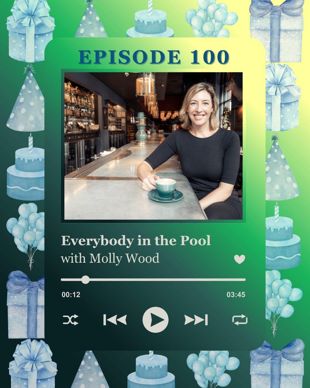 A promotional podcast image with celebratory cakes and party hats around the border and a picture of a smiling woman with a coffee cup, announcing Episode 100 of Everybody in the Pool.