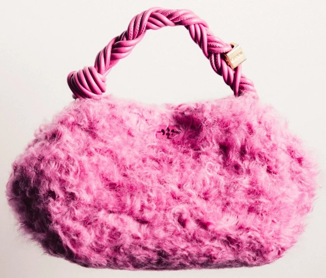 A very fluffy pink Ganni bag made with BioFluff A very fluffy pink Ganni bag made with BioFluff