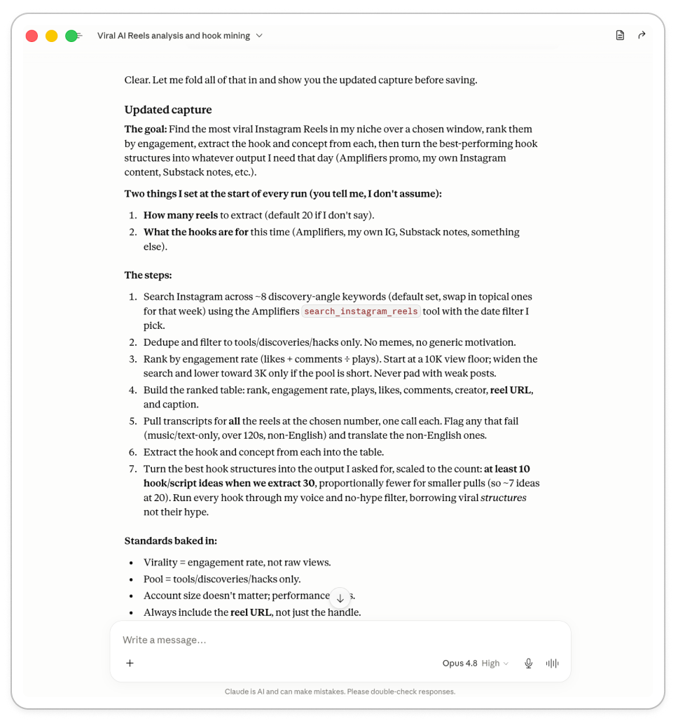The conversation-to-workflow skill showing the final updated capture before saving: the goal, the inputs set each run, the full sequence of steps, and the standards baked in from the conversation.