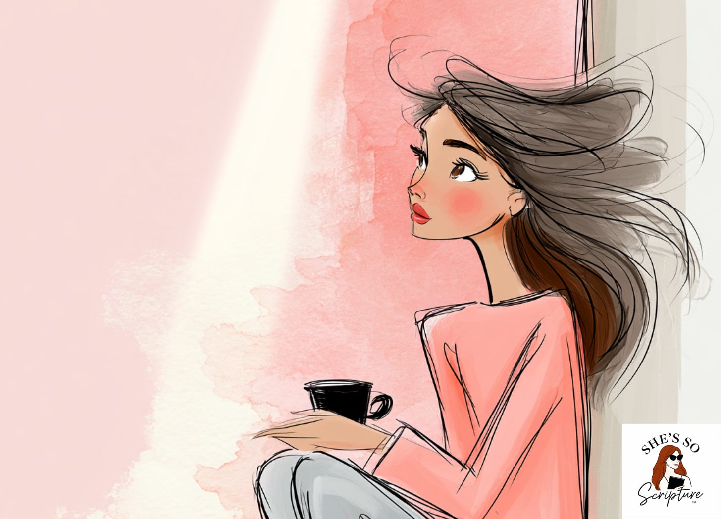 An illustrated woman sitting in a dimly lit room with an empty coffee cup and a single beam of soft light across her face, expression of quiet trust, rendered in a whimsical fashion illustration style with blush pink and cream watercolor tones.