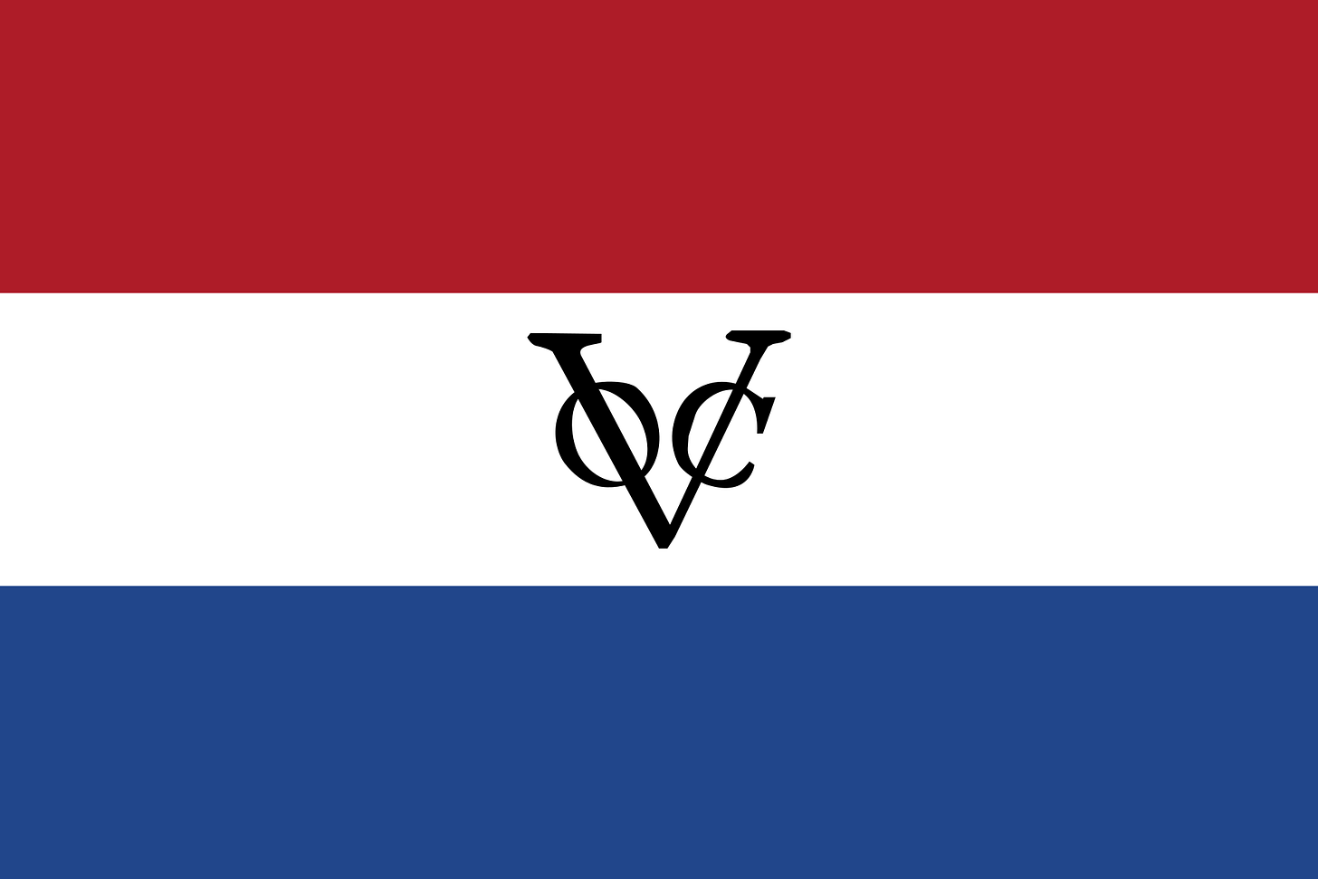 Image of Dutch East India Company Flag / Logo - red, white, and blue stripes with large V and smaller O and C overlapping the V.