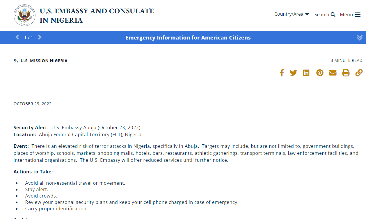 Nigeria: US and UK warn of possible attack in capital Abuja Nigeria: US and UK warn of possible attack in capital Abuja