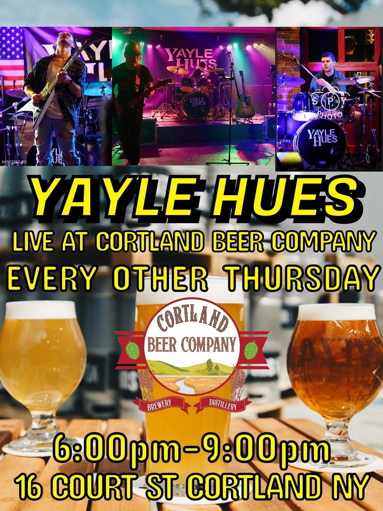 May be an image of 3 people, drink and text that says '法 YAYLE LTss EHOTO YAYES က၂5 YAYLE AYLE-HUES HUES LIVE AT CORTLAND BEER COMPANY EVERY OTHER THURSDAY CORTLAND BEER COMPANY BREWERY DISTILLERN 6: 6:00 pm- :00-9:00 9:00 pm 16 COURT ST CORTLAND NY'