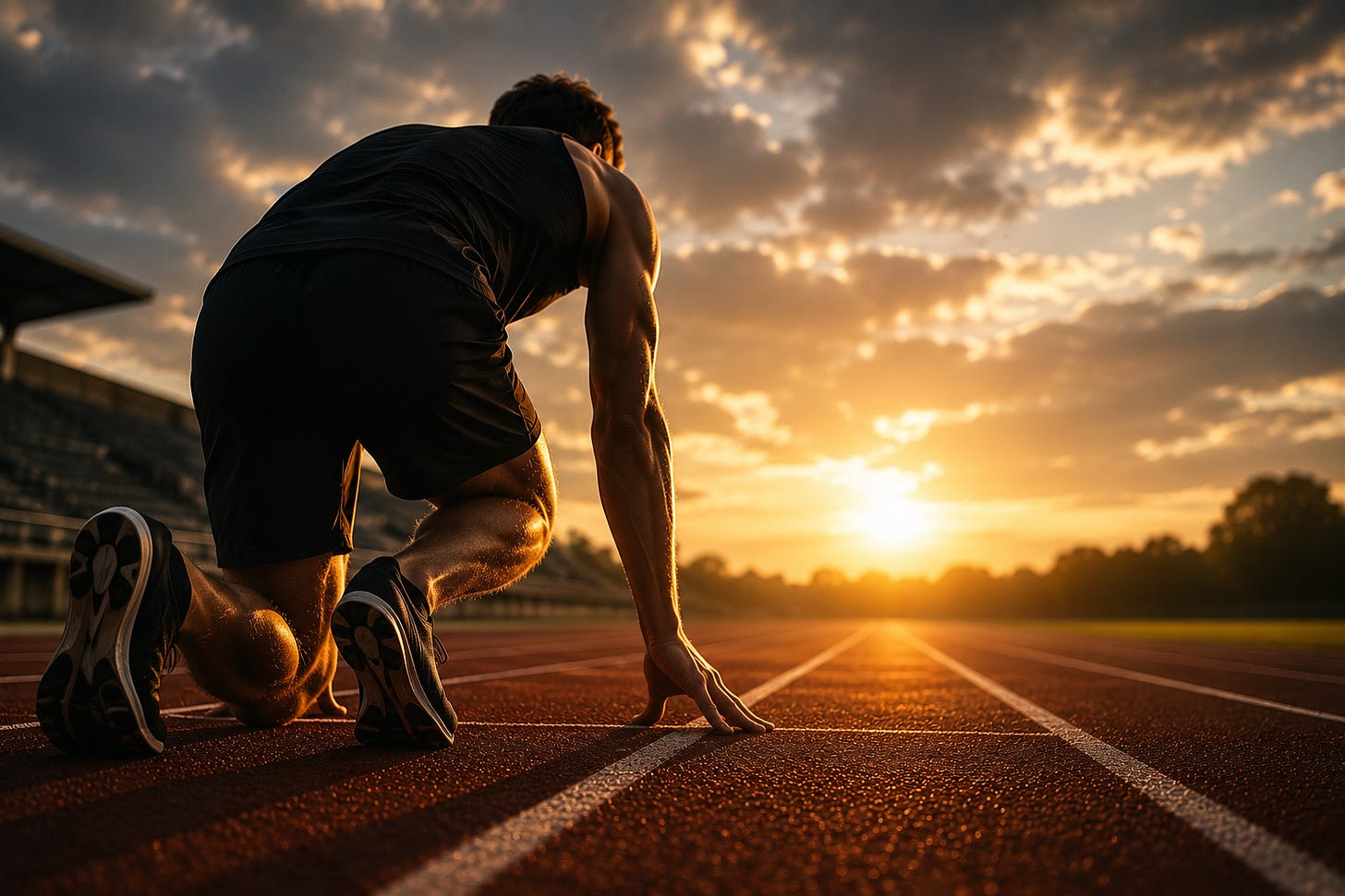 A lone runner crouches at the starting line of an empty track at sunrise, facing an open lane stretching toward the horizon. The quiet moment before the race symbolizes the mental choices we make before taking action—whether to accept self-imposed limits or believe in possibilities beyond our current circumstances. The image reflects the article's message that extraordinary achievement begins by dismantling invisible ceilings and choosing standards over self-doubt.