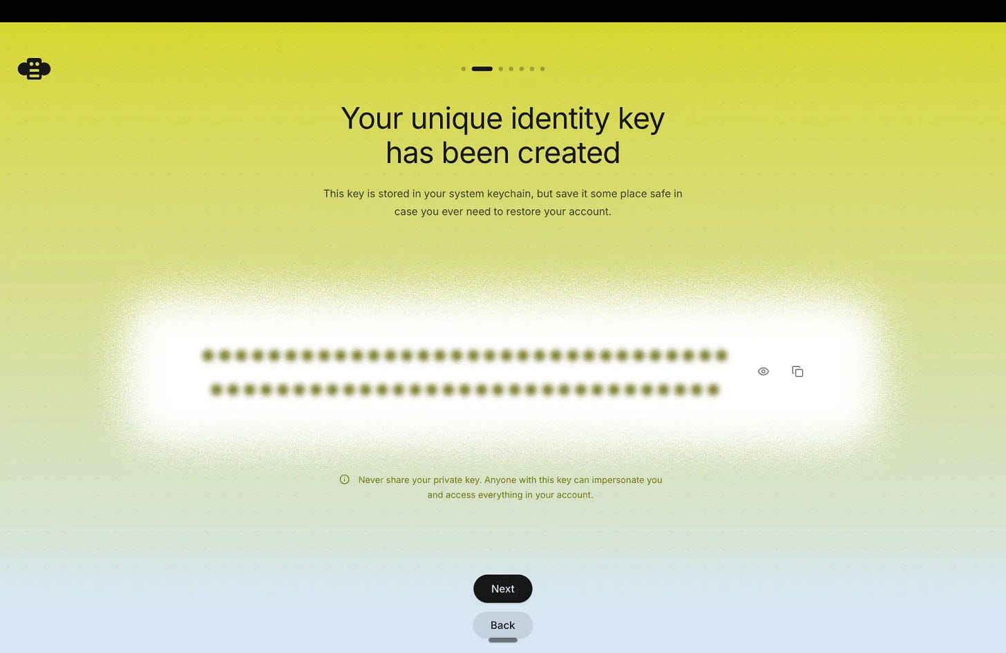 Buzz screen warning to store the private identity key safely Buzz screen warning to store the private identity key safely
