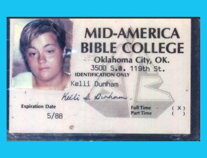 white person with bad haircut and QT, ID that reads "Mid America Bible College"