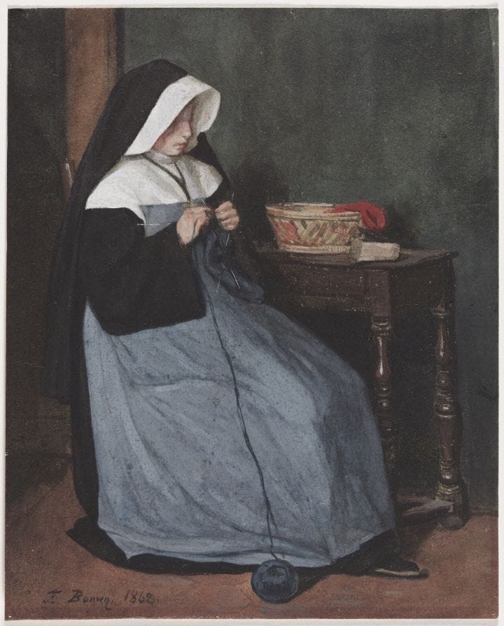 This may contain: a painting of a woman knitting on a table