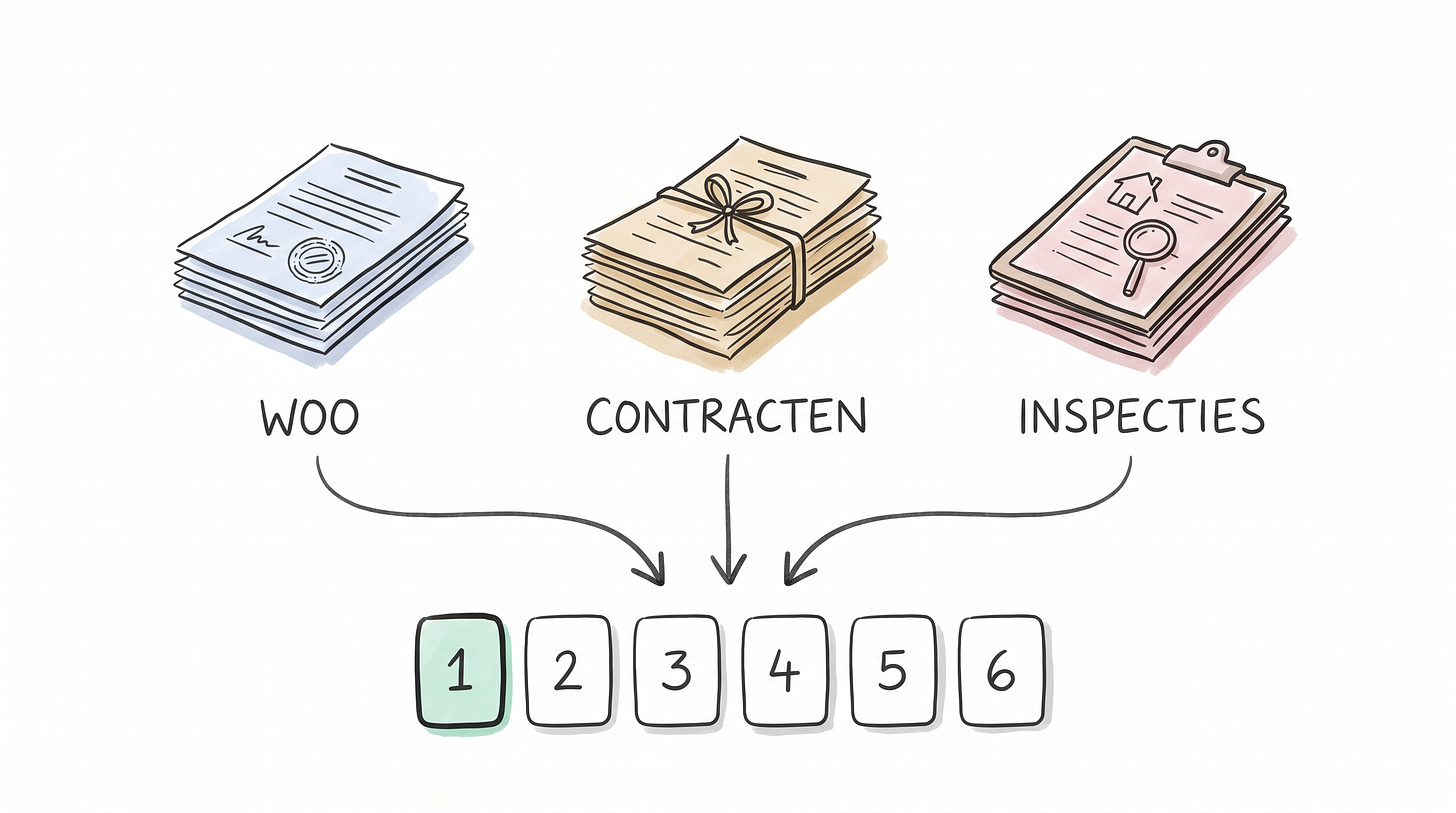 Schets van drie stapels papier met de labels Woo, contracten en inspecties, die via pijlen uitkomen in dezelfde rij genummerde kaartjes Schets van drie stapels papier met de labels Woo, contracten en inspecties, die via pijlen uitkomen in dezelfde rij genummerde kaartjes