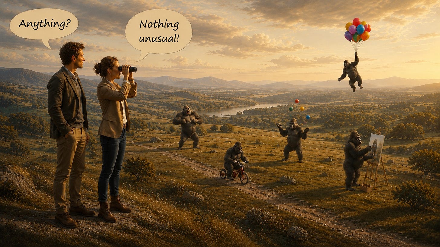 A wide painterly landscape bathed in warm late-afternoon light. Two colleagues stand on a rocky rise overlooking a sunlit valley. One woman peers through binoculars into the far distance while her companion watches beside her. Across the valley, several gorillas engage in absurd activities in plain sight: one rides a small tricycle along a path, one juggles colourful balls, one stands at an easel painting, one beats its chest dramatically, and another floats through the sky suspended beneath a cluster of bright balloons. Speech bubbles above the pair read, “Anything?” and “Nothing unusual!” despite the obvious spectacle unfolding around them. A wide painterly landscape bathed in warm late-afternoon light. Two colleagues stand on a rocky rise overlooking a sunlit valley. One woman peers through binoculars into the far distance while her companion watches beside her. Across the valley, several gorillas engage in absurd activities in plain sight: one rides a small tricycle along a path, one juggles colourful balls, one stands at an easel painting, one beats its chest dramatically, and another floats through the sky suspended beneath a cluster of bright balloons. Speech bubbles above the pair read, “Anything?” and “Nothing unusual!” despite the obvious spectacle unfolding around them.