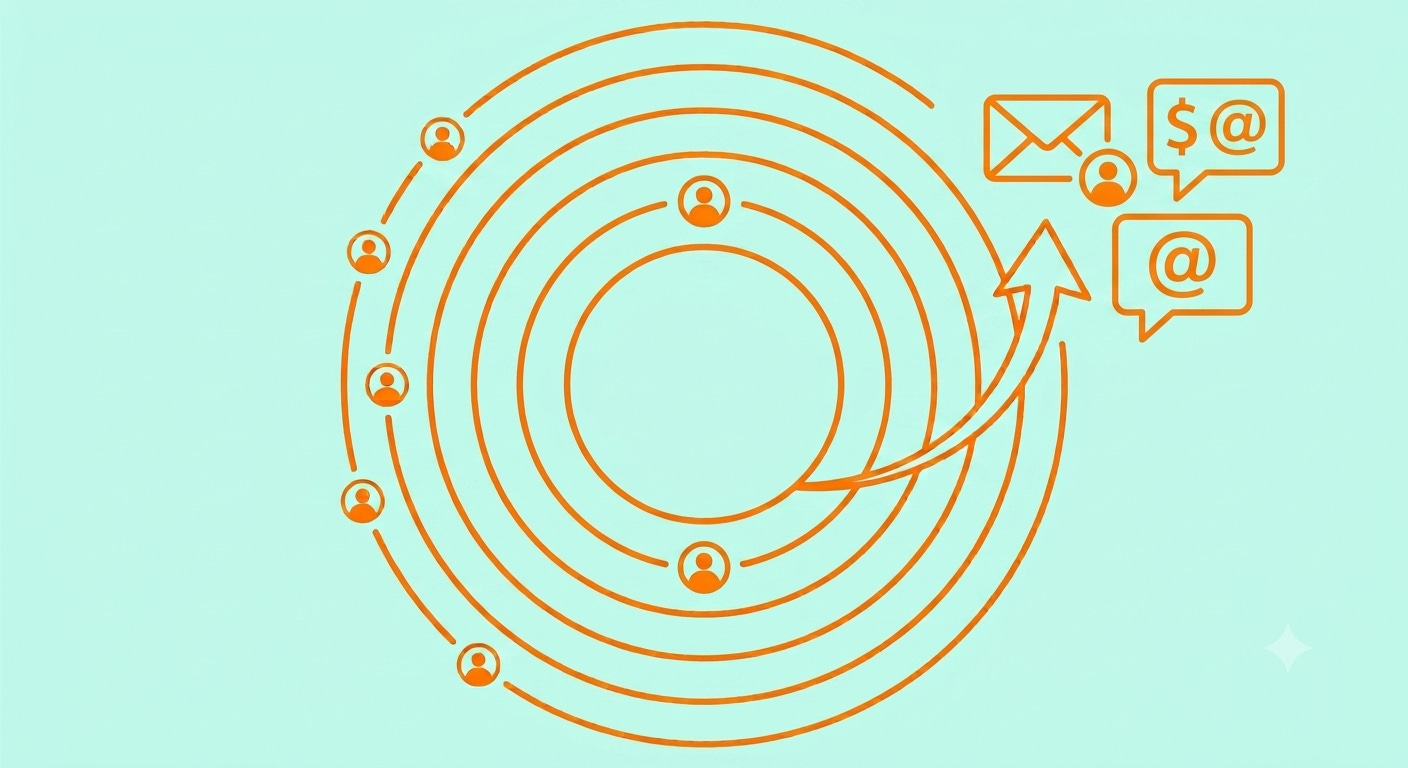 An infographic in a minimalistic vector style using an orange and light cyan color palette features five concentric orange rings centered on the page against a light cyan background. Small, orange human silhouette profiles are spaced evenly along the outermost ring and also at the four cardinal positions on the next inner ring. At the top right, there are three icons: a sealed envelope representing an email with a small profile next to it, an open speech bubble with an orange at-sign (@), and a square message bubble with an orange dollar sign ($) and an at-sign (@). An orange arrow curves upwards from the bottom of the central rings, through the rings to point directly at the multi-icon cluster. An infographic in a minimalistic vector style using an orange and light cyan color palette features five concentric orange rings centered on the page against a light cyan background. Small, orange human silhouette profiles are spaced evenly along the outermost ring and also at the four cardinal positions on the next inner ring. At the top right, there are three icons: a sealed envelope representing an email with a small profile next to it, an open speech bubble with an orange at-sign (@), and a square message bubble with an orange dollar sign ($) and an at-sign (@). An orange arrow curves upwards from the bottom of the central rings, through the rings to point directly at the multi-icon cluster.