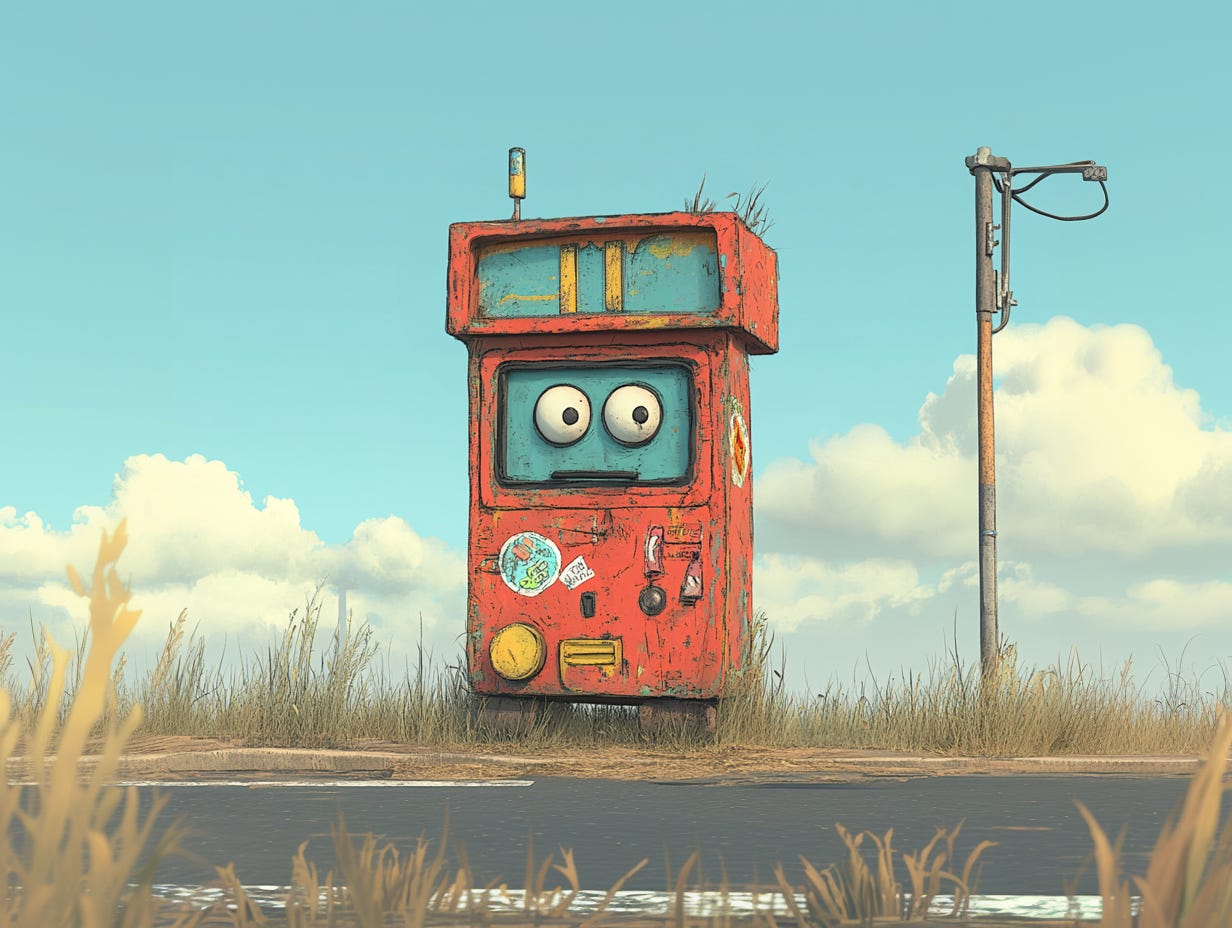 A red, weathered vending machine with a cartoonish face and large, round eyes sits near a power pole in an open field under a bright blue sky.