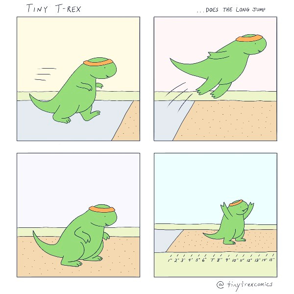 Tiny T-Rex wears an orange headband. Tiny T-Rex runs and jumps. Tiny T-Rex lands at the ten inch mark of a ruler!