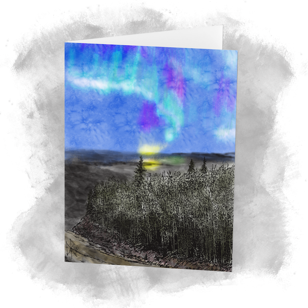 Aurora Borealis above a copse of barren trees and creek feeding into a calm northern lake. Sketch art by Don Rice.