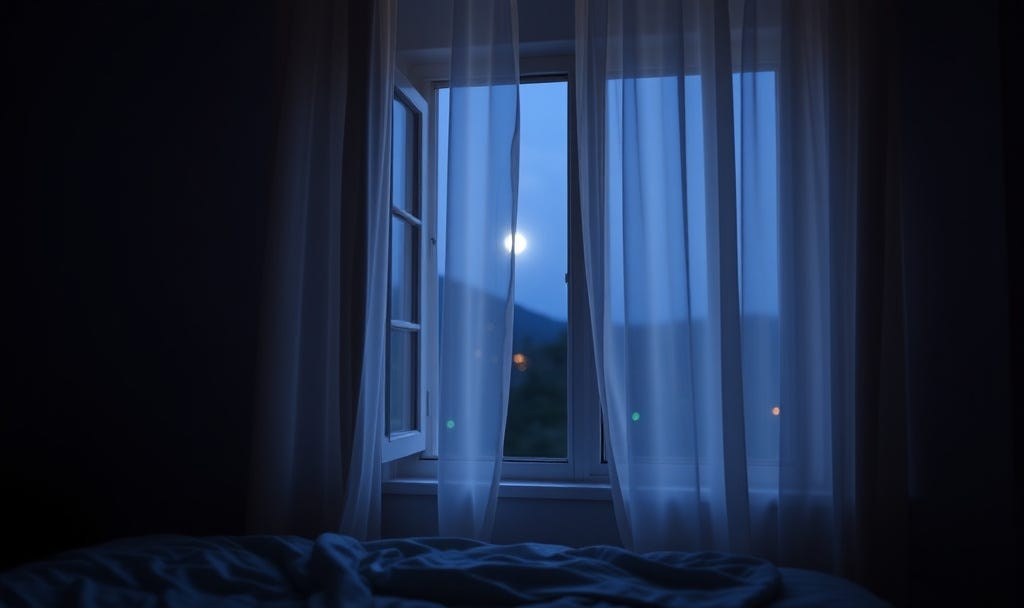 A softly lit bedroom at night with an open window and sheer curtains moving in moonlight. Symbolizing how to let something end before the new year begins