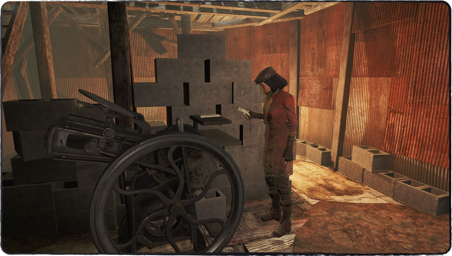 A screenshot showing Piper standing in front of some printing equipment inside her office in Diamond City!