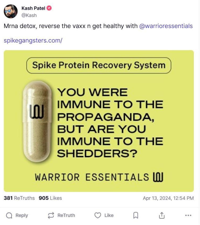 "Mrna detox, reverse the vaxx n get health with [Warrior Essentials] - spikegangsters.com"  Included is a graphic titled: "Spike Protein Recovery System: You were immune to the propaganda, but are you immune to the shedders? Warrior Essentials" featuring a photo of a generic supplement gel capsule. 