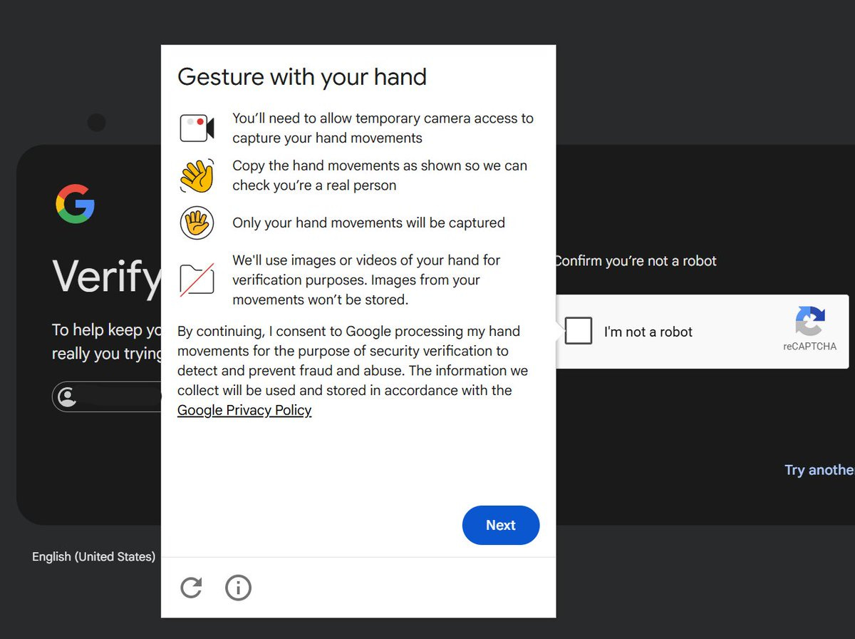 New Google reCAPTCHAs based on hand gestures New Google reCAPTCHAs based on hand gestures