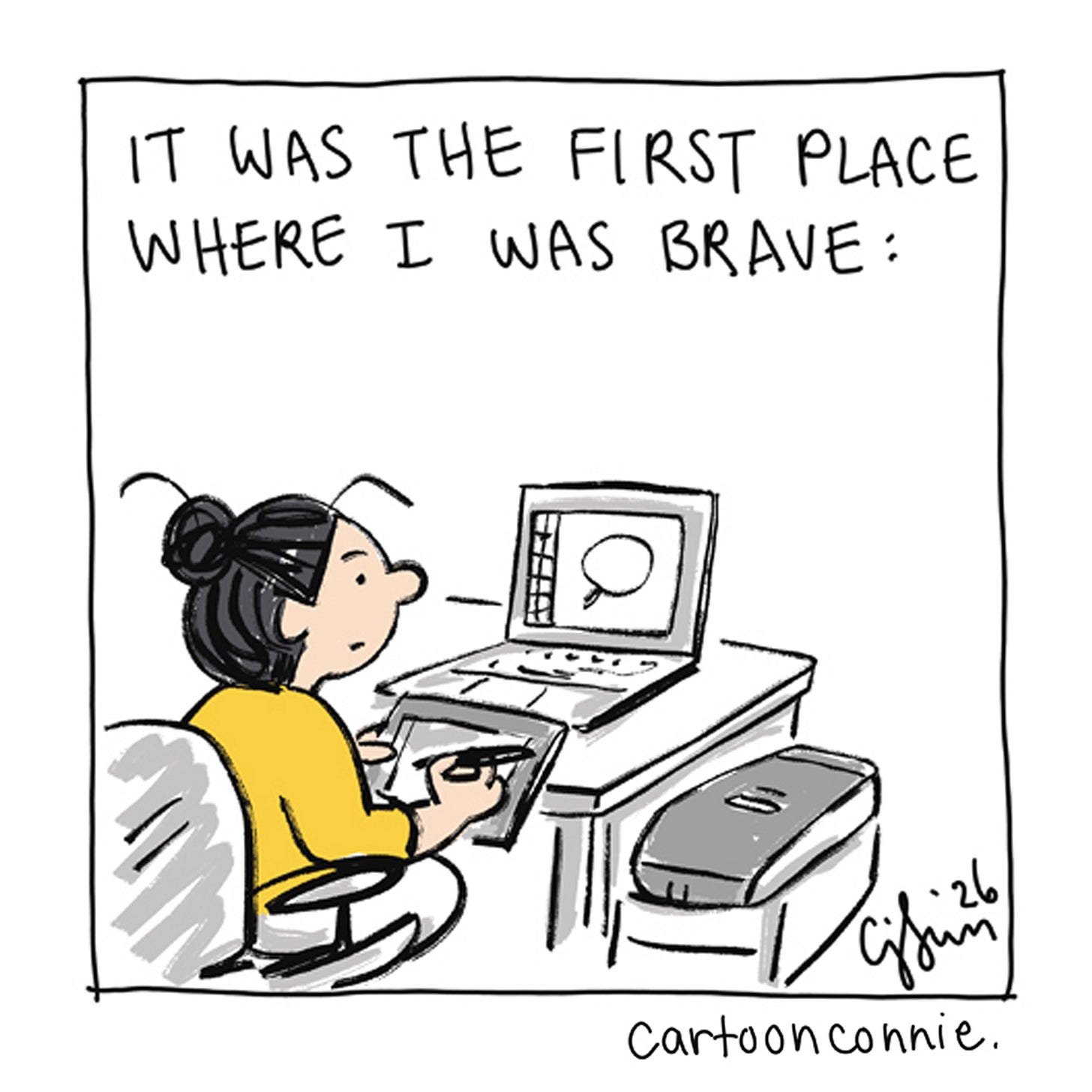 Panel 3/12 of a 2-page comic strip about an artist's relationship with the internet and social media over decades of making art online. Titled "Internet Artist," 2026, original art by Connie Sun, cartoonconnie. Panel 3/12 of a 2-page comic strip about an artist's relationship with the internet and social media over decades of making art online. Titled "Internet Artist," 2026, original art by Connie Sun, cartoonconnie.