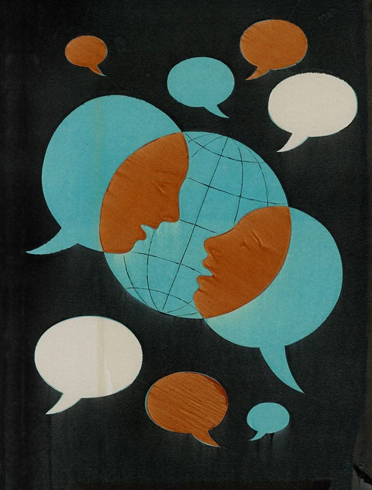 This may contain: an image of two people talking to each other with speech bubbles in the shape of globe
