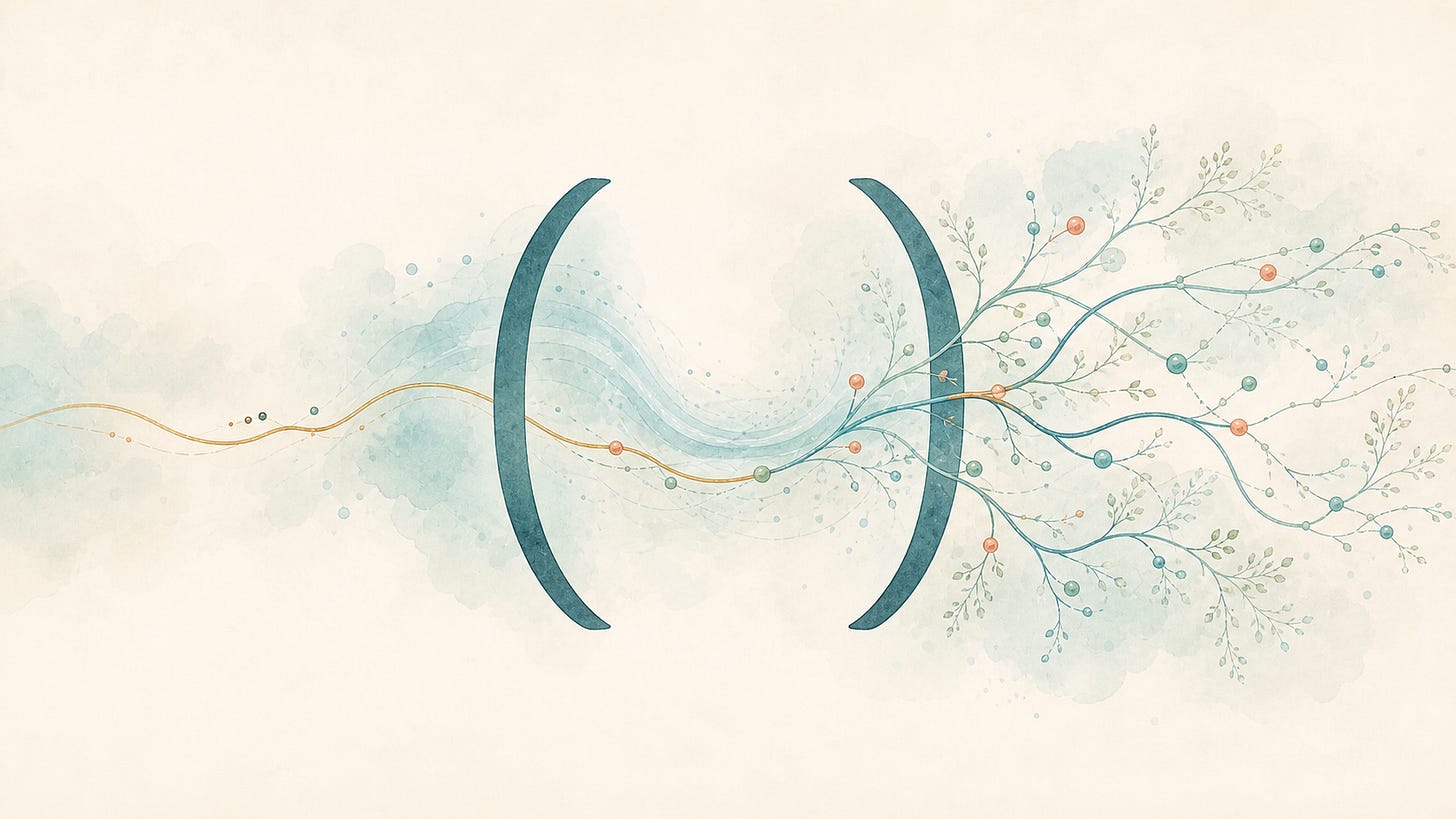 An ochre thread passes through large teal parentheses and opens into a branching watercolor network on ivory paper.