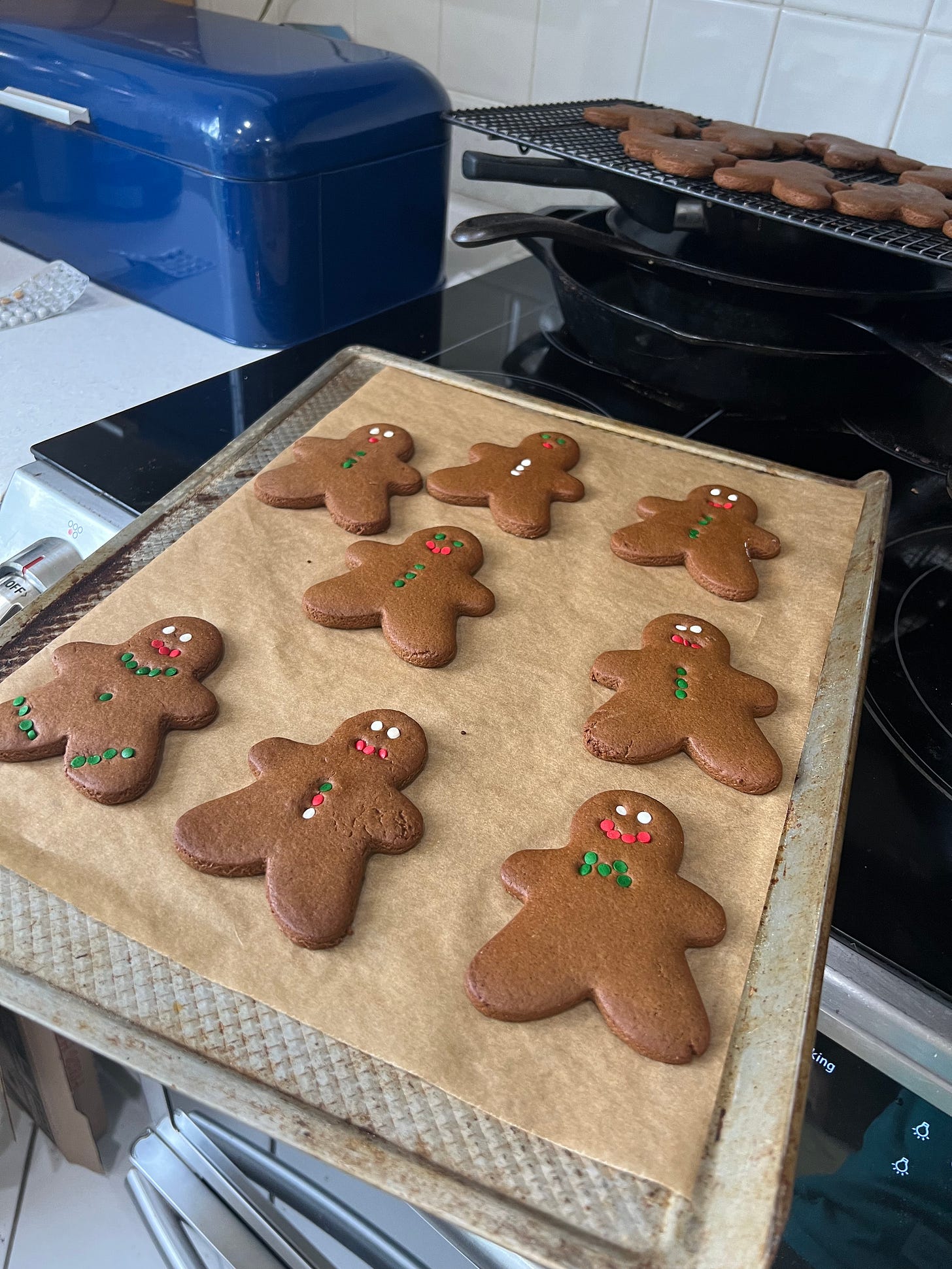 a sheet of gingerbread person cookies