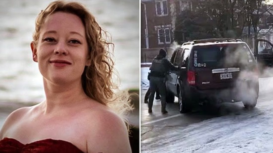 Split image: Portrait of Renee Goode on left, ICE agents on right intimidating her in her car.