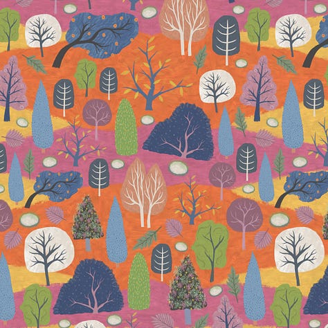 Five patterns, one half-drop damask with forest flora and fauna and in a moccha mousse palette, one scattered repeat with forest flora and fauna in a darker brown palette, including moccha mouse, one bright pattern of trees, one cheater quilt block in a blue-grey and one hand-drawn stripe in brown.