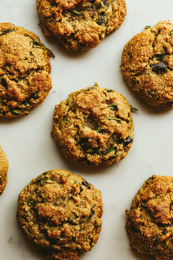 Brown butter zucchini cookies before and after baking.