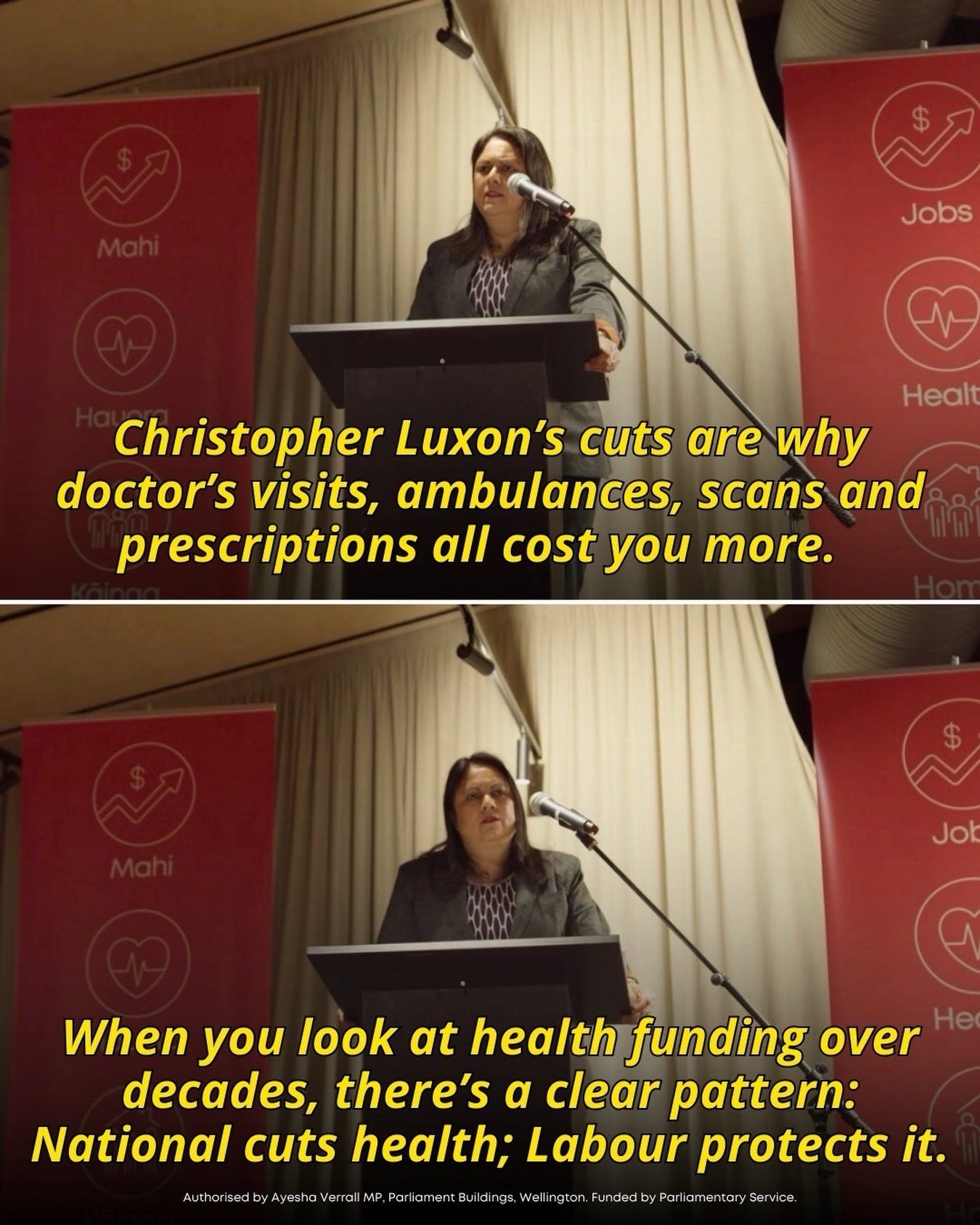May be an image of text that says "Jobs Healt Christopher Luxon's cuts are why doctor's visits, ambulances, scans and prescriptions all cost you more. Jok When you look at health funding over He decades, there's a clear pattern: National cuts health; Labour protects it. Pari amenton Se verroll Famen Buil ilo ings Well gton. unded"