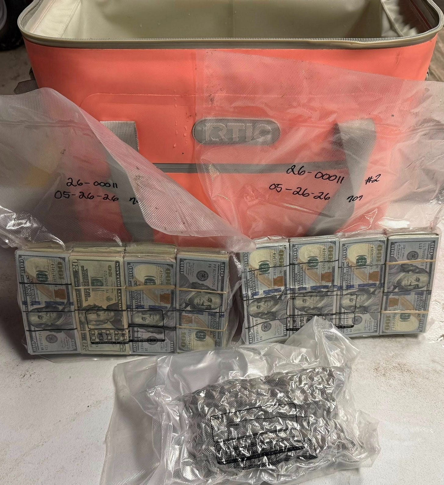$138,000 in cash and a pound of marijuana were found inside this cooler during a southbound traffic stop in Kleberg County on May 26, 2026 (South Texas Specialized Crimes & Narcotics Task Force photo) $138,000 in cash and a pound of marijuana were found inside this cooler during a southbound traffic stop in Kleberg County on May 26, 2026 (South Texas Specialized Crimes & Narcotics Task Force photo)