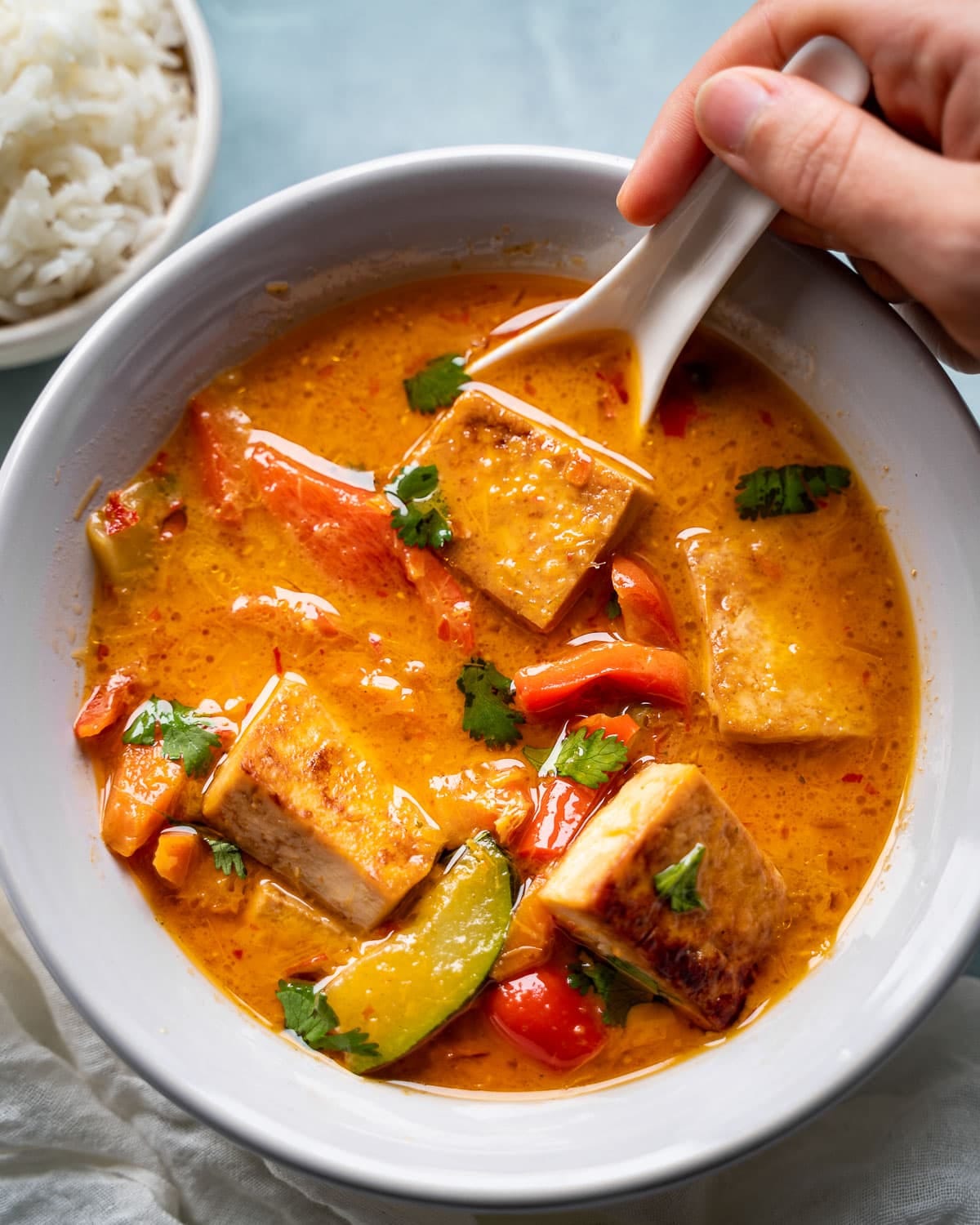 Vegan Thai Red Curry served with tofu and rice