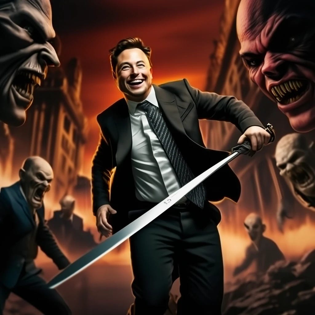 Elon Musk smiling while fighting demonic bankers with a sword