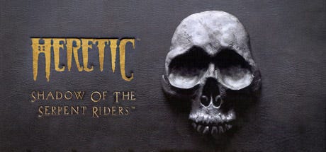 Promotional art for the complete, retail version of Heretic that includes its expansion, Shadow of the Serpent Riders. A skull is to the right, with the game's logo and name to the left. The background is gray.