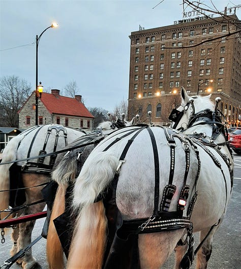 Pictures from Bethlehem, Pa., starting with the oldest waterworks in the United States, built in the 1700s. It's a stone building with cloudy sky. Next picture is three carriage horses standing in front of the 9-story tall brick Hotel Bethlehem, and a historic stone building that was used as a hospital during the Revolutionary War. Middle row is the Sun Inn Tavern, where almost all of our Founders ate and gathered at one time or another, The building is stone and there is white picket fence in the back and a porch with a red, white and blue banner on the side. Bottom row: Bethlehem's industrial park with original buildings made of stone against a blue sky. Last photo is the blacksmith busy at work in the blacksmith shop with a blazing fire.