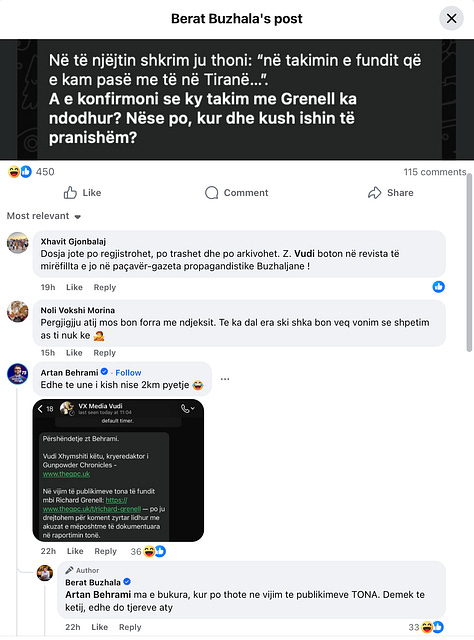  Këto pamje tregojnë mënyrën se si pyetjet tona zyrtare, të dërguara në interes publik lidhur me distancimin nga Richard Grenell pas pretendimeve serioze për veprimtari kundër Kosovës dhe përfshirje të mundshme në një skandal seksual me të mitur, u trajtuan me tallje publike nga Berat Buzhala dhe Artan Behrami. Lexuesit mund t’i shohin vetë, pa prerje dhe pa interpretim, reagimet ndaj pyetjes më themelore morale dhe politike: a distancoheni apo jo.