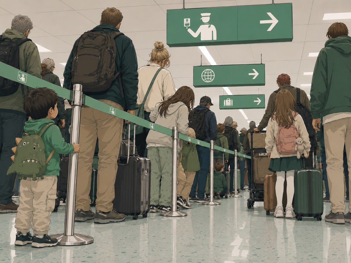 A low, child-height view of a crowded airport customs line, with families and travellers of different heights standing informally among suitcases and queue barriers. Bright green airport signs use simple icons instead of words, while varied hair colours, luggage and clothing suggest people arriving from different places. A low, child-height view of a crowded airport customs line, with families and travellers of different heights standing informally among suitcases and queue barriers. Bright green airport signs use simple icons instead of words, while varied hair colours, luggage and clothing suggest people arriving from different places.