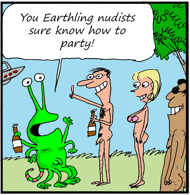 Panel three: On Earth, a green alien happily parties nude with three nude humans, holding a drink and saying, “You Earthling nudists sure know how to party!” Panel three: On Earth, a green alien happily parties nude with three nude humans, holding a drink and saying, “You Earthling nudists sure know how to party!”