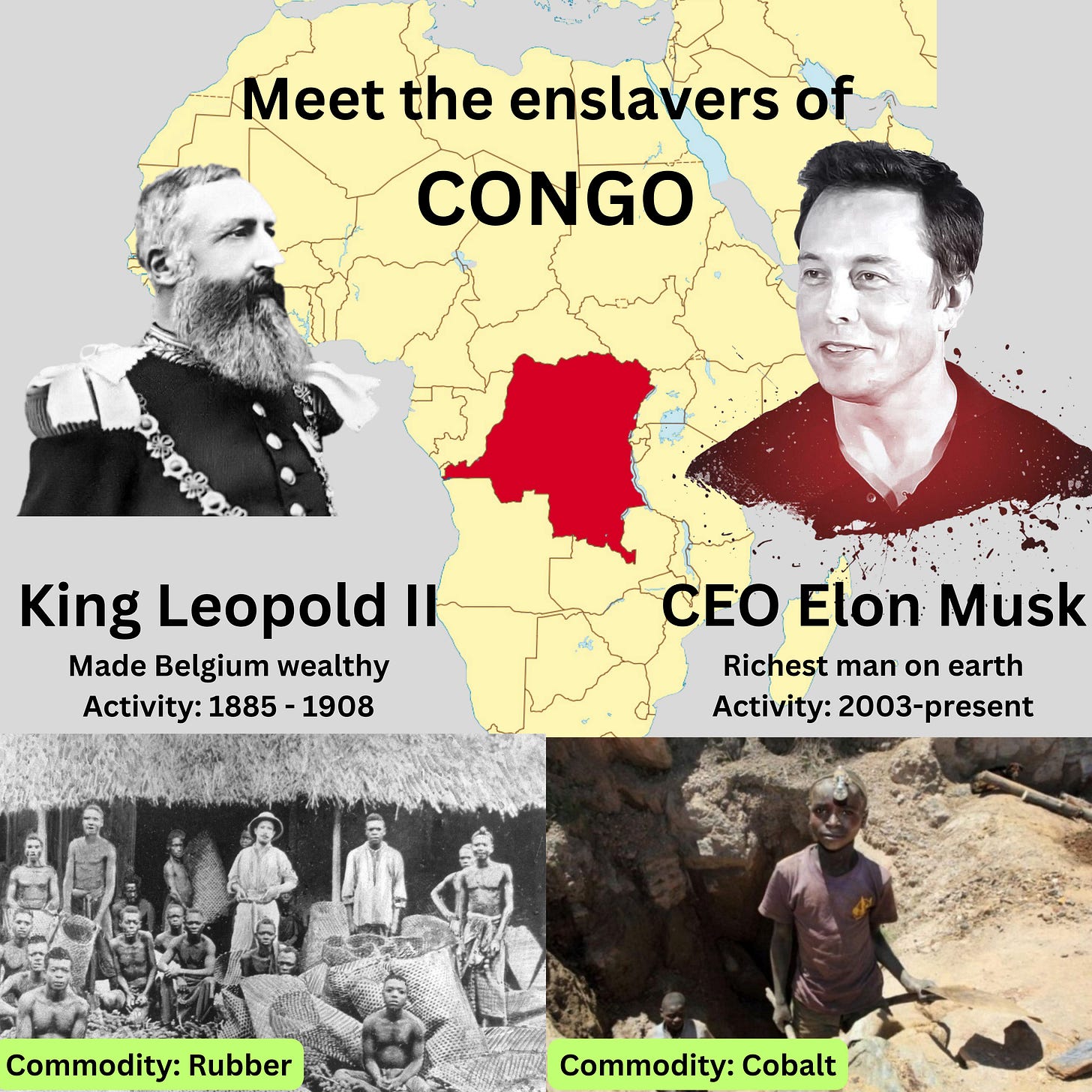 A picture showing the enslavers of the Congo. First image shows King Leopold II who made Belgium wealthy and the second picture shows CEO Elun Musk, who made himself wealthy from Congolese raw materials.