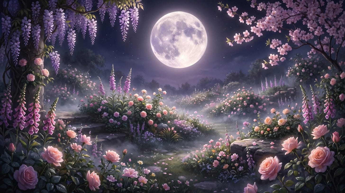 Parlak bir dolunayın altında, gümüş ışığa ve hafif sise bürünmüş pembe ve mor çiçeklerle dolu gece bahçesi.